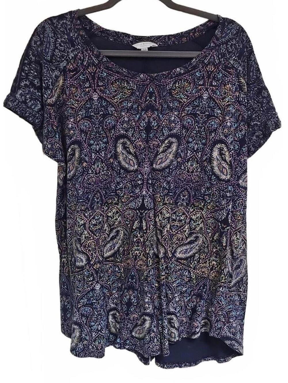 Lucky Brand Women 1X Plus Navy Blue BOHO Paisley Tee Shirt Top